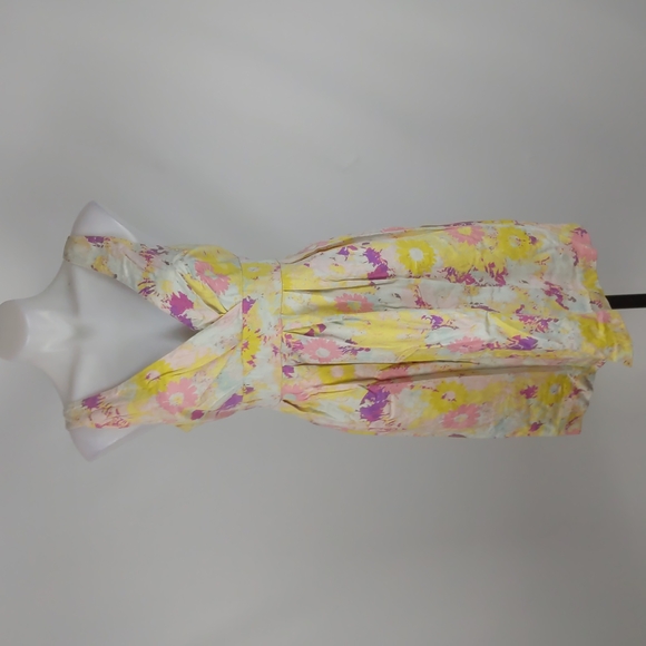 Portmans Women's Dress Size 14 Yellow Pink Floral V-Neck Shirring Bow Sleeveless - Picture 2 of 13